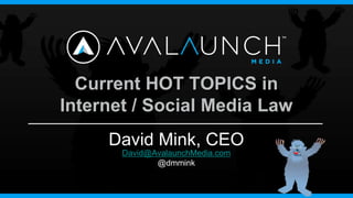 Current HOT TOPICS in
Internet / Social Media Law
     David Mink, CEO
       David@AvalaunchMedia.com
              @dmmink
 