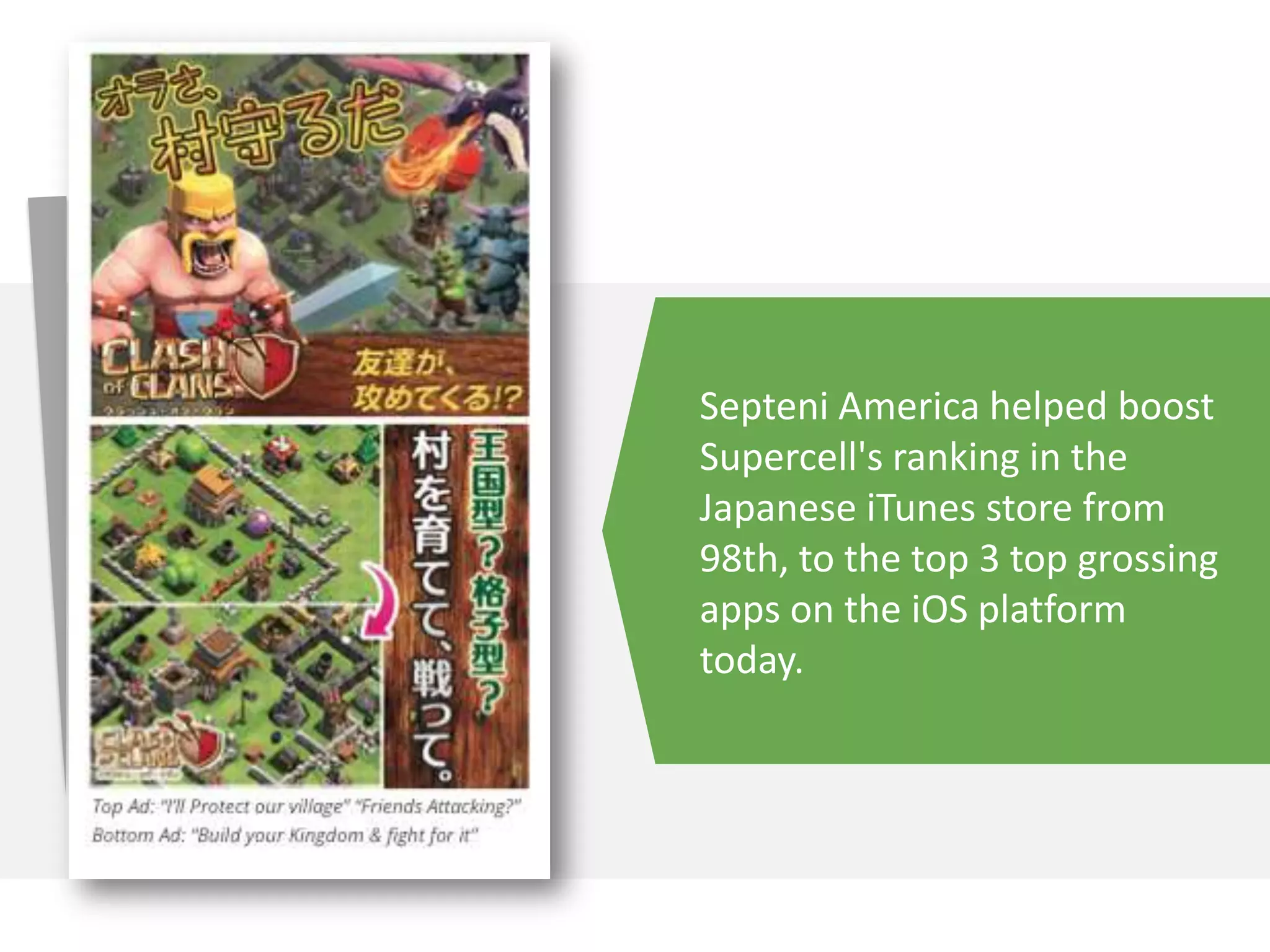 Septeni America helped boost
Supercell's ranking in the
Japanese iTunes store from
98th, to the top 3 top grossing
apps on the iOS platform
today.
 