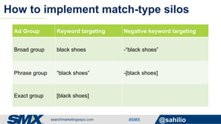 #SMX @sahilio
How to implement match-type silos
Ad Group Keyword targeting Negative keyword targeting
Broad group black shoes -“black shoes”
Phrase group “black shoes” -[black shoes]
Exact group [black shoes]
 