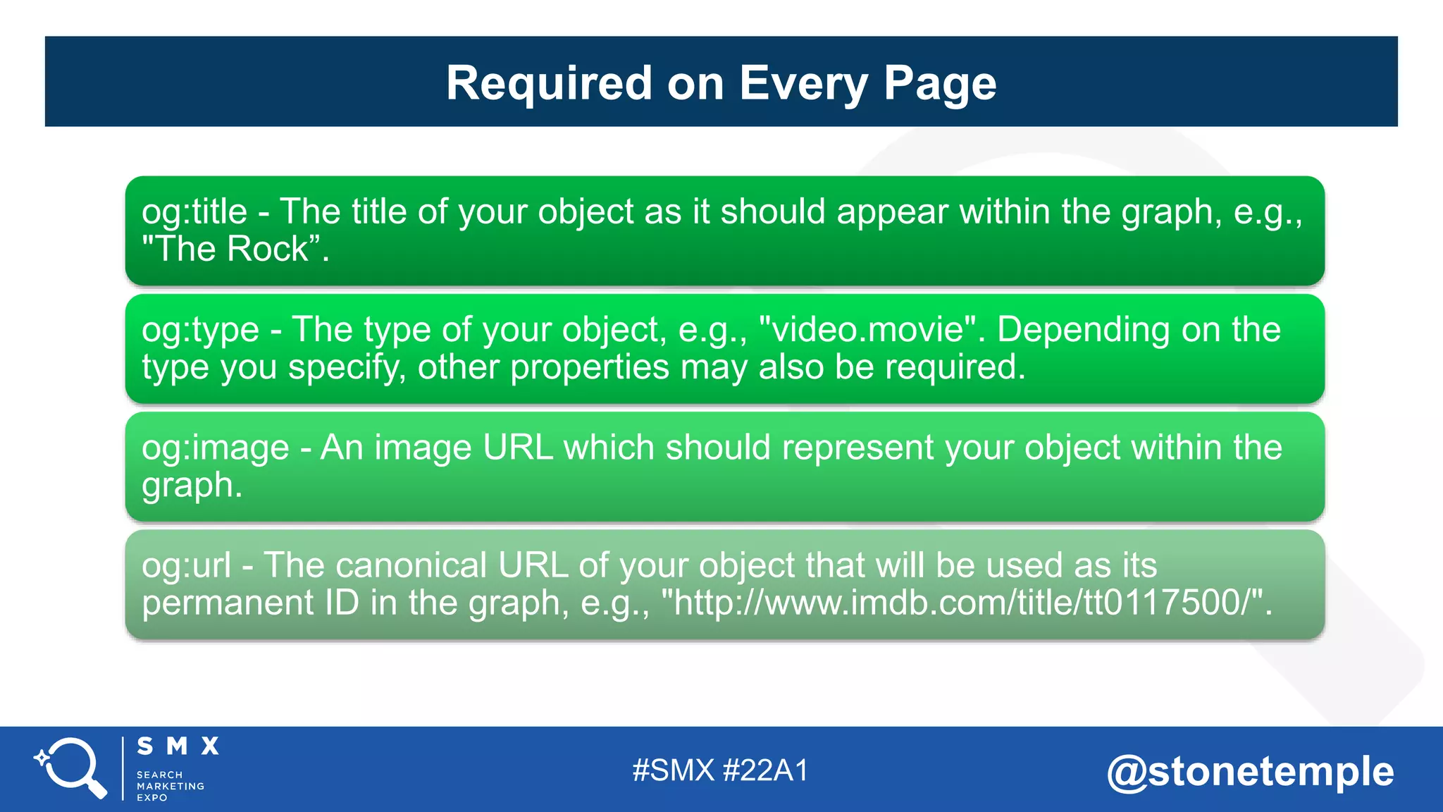 #SMX #22A1 @stonetemple
og:title - The title of your object as it should appear within the graph, e.g.,
"The Rock”.
og:type - The type of your object, e.g., "video.movie". Depending on the
type you specify, other properties may also be required.
og:image - An image URL which should represent your object within the
graph.
og:url - The canonical URL of your object that will be used as its
permanent ID in the graph, e.g., "http://www.imdb.com/title/tt0117500/".
Required on Every Page
 