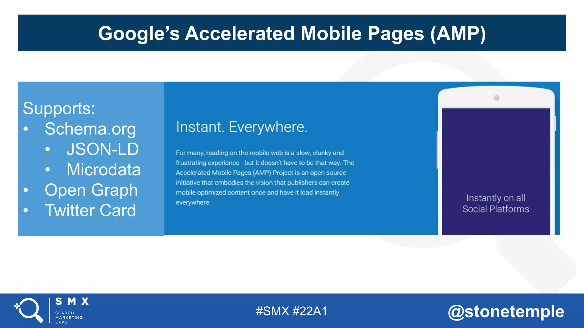 #SMX #22A1 @stonetemple
Google’s Accelerated Mobile Pages (AMP)
Supports:
• Schema.org
• JSON-LD
• Microdata
• Open Graph
• Twitter Card
 