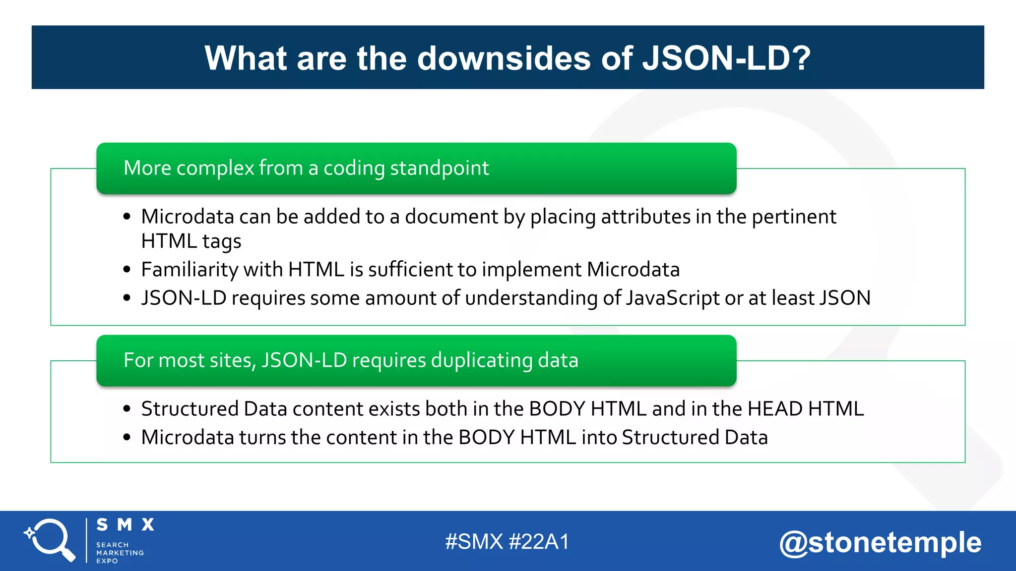 #SMX #22A1 @stonetemple
• Microdata can be added to a document by placing attributes in the pertinent
HTML tags
• Familiarity with HTML is sufficient to implement Microdata
• JSON-LD requires some amount of understanding of JavaScript or at least JSON
More complex from a coding standpoint
• Structured Data content exists both in the BODY HTML and in the HEAD HTML
• Microdata turns the content in the BODY HTML into Structured Data
For most sites, JSON-LD requires duplicating data
What are the downsides of JSON-LD?
 
