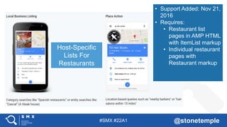#SMX #22A1 @stonetemple
• Support Added: Nov 21,
2016
• Requires:
• Restaurant list
pages in AMP HTML
with ItemList markup
• Individual restaurant
pages with
Restaurant markup
Host-Specific
Lists For
Restaurants
 