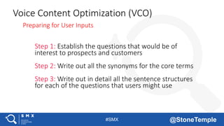 #SMX @StoneTemple
Step 1: Establish the questions that would be of
interest to prospects and customers
Step 2: Write out all the synonyms for the core terms
Step 3: Write out in detail all the sentence structures
for each of the questions that users might use
Voice Content Optimization (VCO)
Preparing for User Inputs
 
