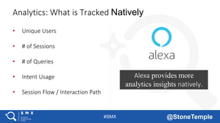 #SMX @StoneTemple
Analytics: What is Tracked Natively
• Unique Users
• # of Sessions
• # of Queries
• Intent Usage
• Session Flow / Interaction Path
Alexa provides more
analytics insights natively.
 