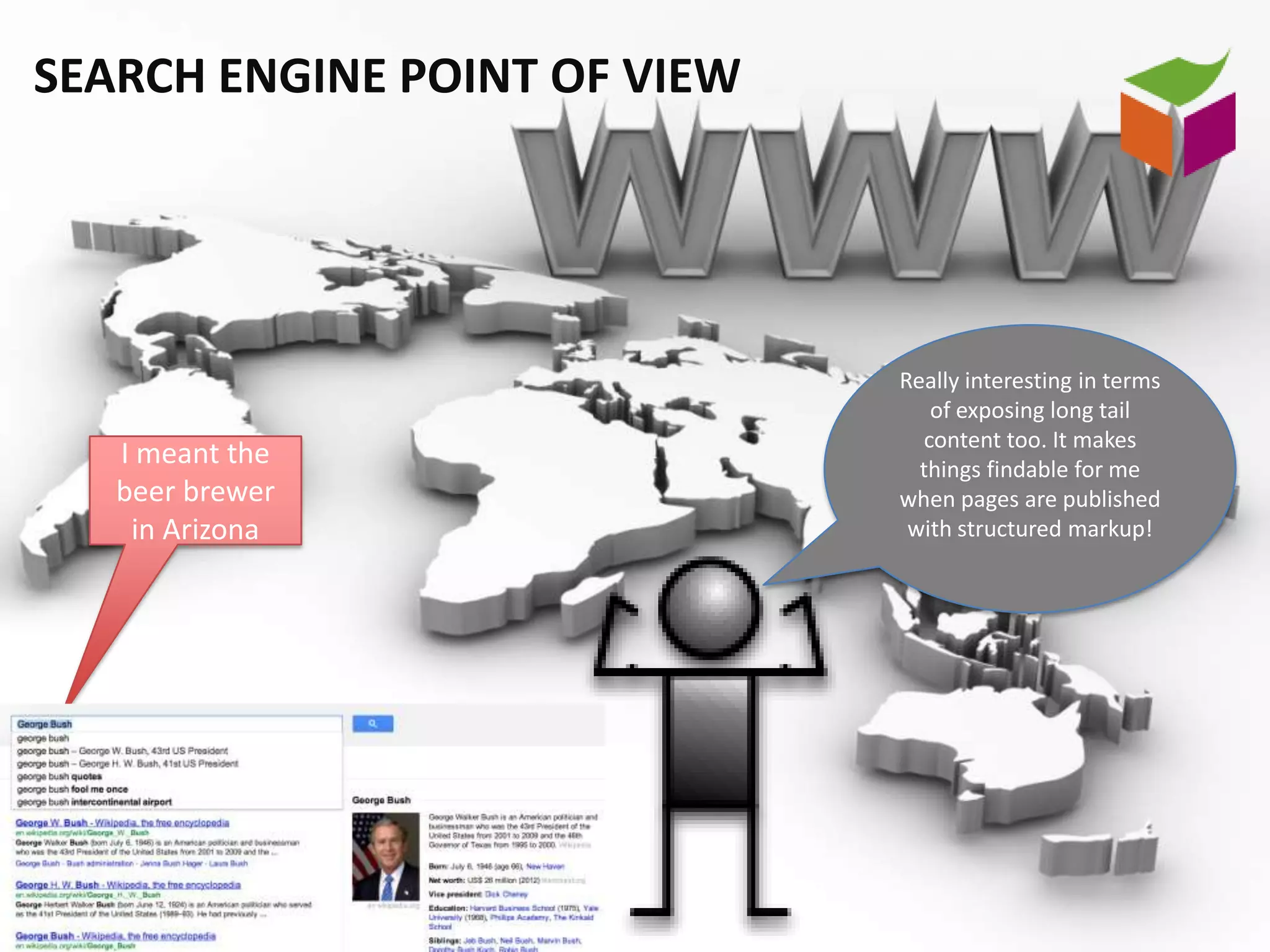 SEARCH ENGINE POINT OF VIEW




                              Really interesting in terms
                                 of exposing long tail
                                content too. It makes
   I meant the                  things findable for me
   beer brewer                when pages are published
    in Arizona                 with structured markup!
 