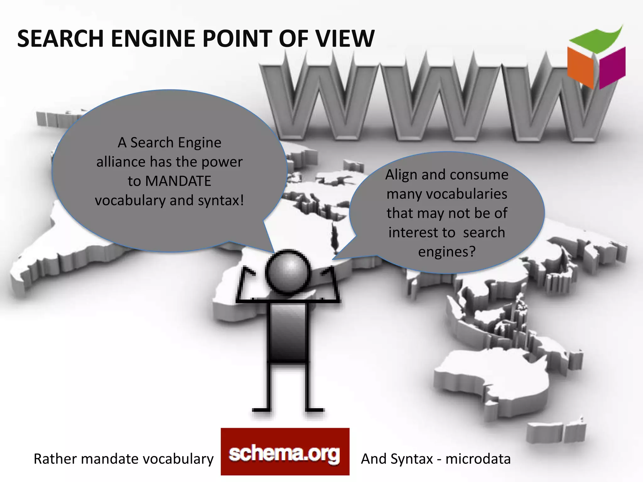SEARCH ENGINE POINT OF VIEW


             A Search Engine
         alliance has the power
               to MANDATE            Align and consume
         vocabulary and syntax!      many vocabularies
                                     that may not be of
                                     interest to search
                                          engines?




 Rather mandate vocabulary        And Syntax - microdata
 