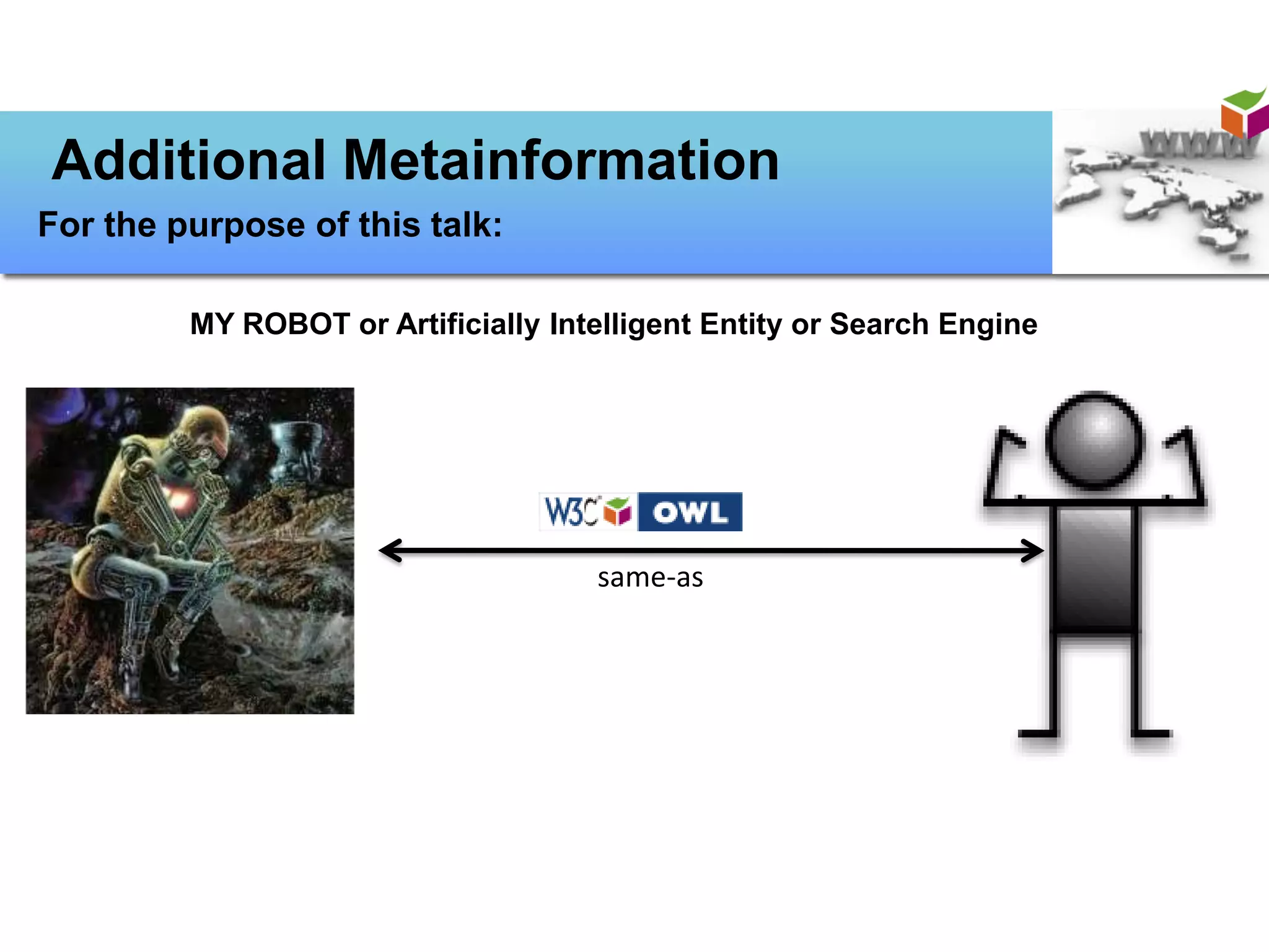 Additional Metainformation
For the purpose of this talk:

         MY ROBOT or Artificially Intelligent Entity or Search Engine




                                     same-as
 