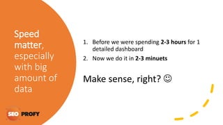 Speed
matter,
especially
with big
amount of
data
1. Before we were spending 2-3 hours for 1
detailed dashboard
2. Now we do it in 2-3 minuets
Make sense, right? 
 