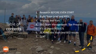 Table of
contents
1. Research BEFORE EVEN START
2. Right Team Lead and KPI’s
3. Strategy and Plan
4. SEO Team Management: The Process
5. It’s all about RESULTS
6. SCALING the team and SEO results
7. Q/A
 