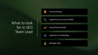 What to look
for in SEO
Team Lead
Critical thinking
Experience (3-5+ years of SEO)
Strong Technical SEO
Expertise in Link Building
Manager skills
 