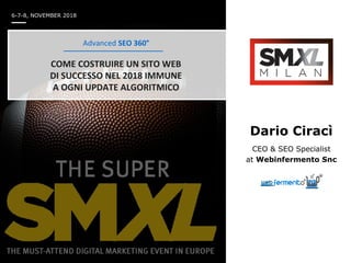 Dario Ciracì
CEO & SEO Specialist
at Webinfermento Snc
Advanced SEO 360°
COME COSTRUIRE UN SITO WEB
DI SUCCESSO NEL 2018 IMMUNE
A OGNI UPDATE ALGORITMICO
6-7-8, NOVEMBER 2018
 