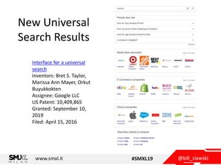 @bill_slawskiwww.smxl.it #SMXL19
New Universal
Search Results
Interface for a universal
search
Inventors: Bret S. Taylor,
...