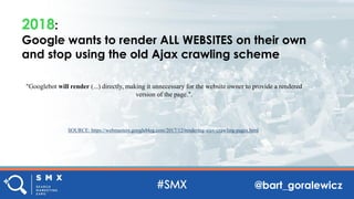 @bart_goralewicz
2018:
Google wants to render ALL WEBSITES on their own
and stop using the old Ajax crawling scheme
"Googl...