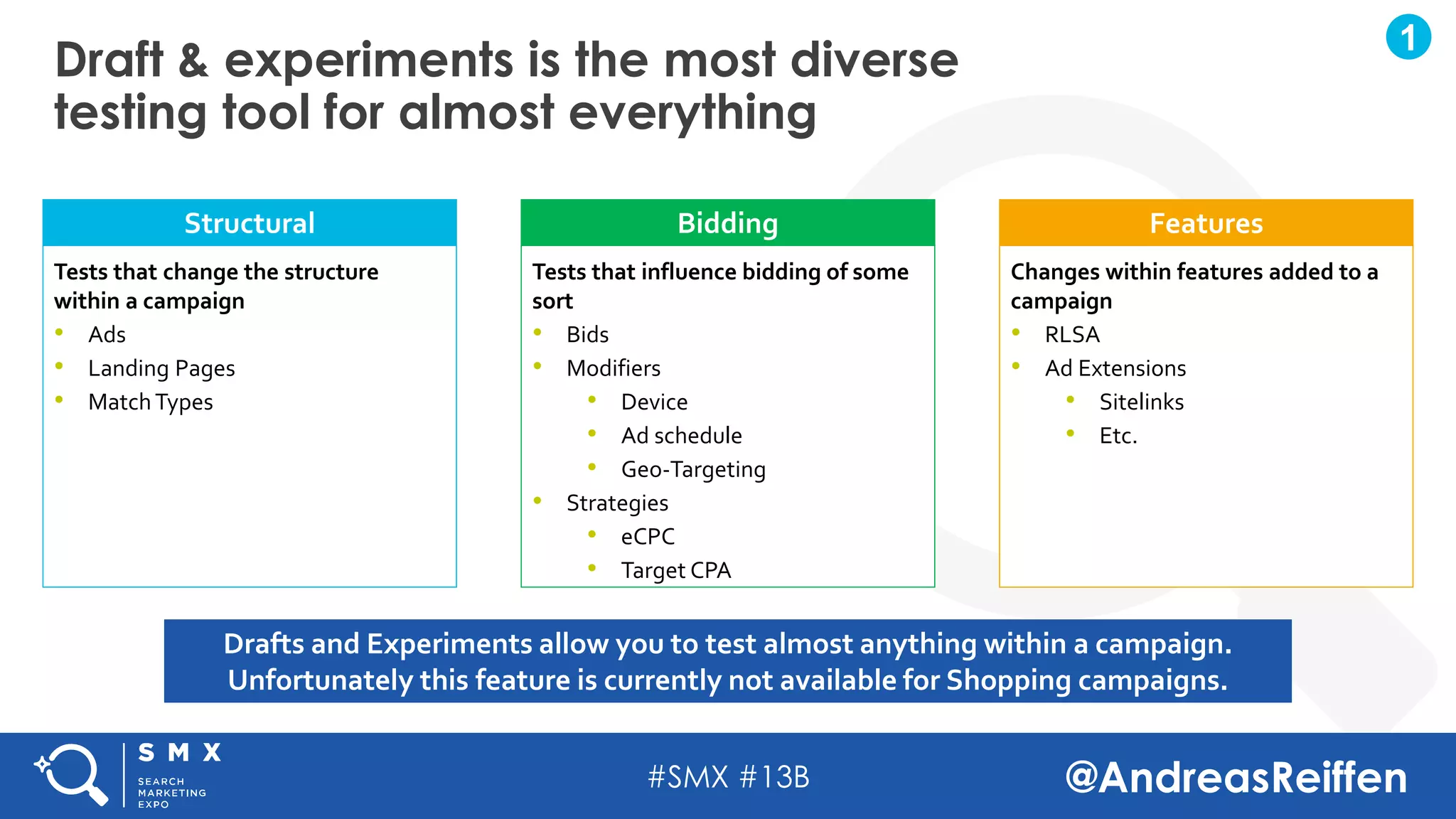 #SMX #13B @AndreasReiffen
Draft & experiments is the most diverse
testing tool for almost everything
Structural
Tests that change the structure
within a campaign
• Ads
• Landing Pages
• MatchTypes
Bidding
Tests that influence bidding of some
sort
• Bids
• Modifiers
• Device
• Ad schedule
• Geo-Targeting
• Strategies
• eCPC
• Target CPA
Features
Changes within features added to a
campaign
• RLSA
• Ad Extensions
• Sitelinks
• Etc.
Drafts and Experiments allow you to test almost anything within a campaign.
Unfortunately this feature is currently not available for Shopping campaigns.
1
 