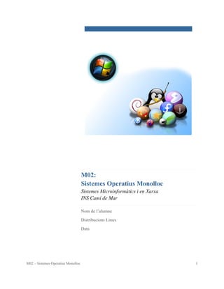M02:
Sistemes Operatius Monolloc
Sistemes Microinformàtics i en Xarxa
INS Camí de Mar
Nom de l’alumne
Distribucions Linux
Data
M02 – Sistemes Operatius Monolloc 1
 