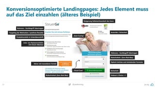 pa.ag
@peakaceag
20
Konversionsoptimierte Landingpages: Jedes Element muss
auf das Ziel einzahlen (älteres Beispiel)
Targeting der Motivation / positives Resultat
Relevanz – Suchbegriff übertragen
Produktvorteile in Unterüberschrift
Liste von Nutzenvorteilen
mit Check-Häkchen
Störer mit monetärem Vorteil
Risikofreiheit (Zero Risk Bias)
„Visual Cues“ Sicherheit
Riskofreiheit (Zero Risk Bias)
Relevanz – Suchbegriff übertragen
Steigerung Selbstwirksamkeit des Users
Autorität / Sicherheit
„Gaze Cueing“
Optisch leichtes und einladendes Formular
Hobson‘s Choice +1
 