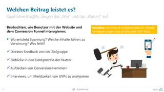 pa.ag
@peakaceag
61
Welchen Beitrag leistet es?
Qualitative Insights: Zeigen das „Was“ und das „Warum“ auf.
Beobachten, wie Benutzer mit der Website und
dem Conversion Funnel interagieren:
▪ Wo entsteht Spannung? Welche Inhalte führen zu
Verwirrung? Was fehlt?
✓Direktes Feedback von der Zielgruppe
✓Einblicke in den Denkprozess der Nutzer
✓Aufdecken von Conversion-Hemmern
✓Interviews, um Merkbarkeit von UVPs zu analysieren
Resultat: priorisierte Aufgabenliste für direkte
Verbesserungen und solche über A/B-Tests
 