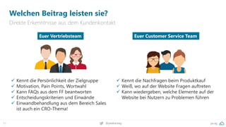pa.ag
@peakaceag
71
Welchen Beitrag leisten sie?
Direkte Erkenntnisse aus dem Kundenkontakt
✓ Kennt die Persönlichkeit der Zielgruppe
✓ Motivation, Pain Points, Wortwahl
✓ Kann FAQs aus dem FF beantworten
✓ Entscheidungskriterien und Einwände
✓ Einwandbehandlung aus dem Bereich Sales
ist auch ein CRO-Thema!
✓ Kennt die Nachfragen beim Produktkauf
✓ Weiß, wo auf der Website Fragen auftreten
✓ Kann wiedergeben, welche Elemente auf der
Website bei Nutzern zu Problemen führen
Euer Vertriebsteam Euer Customer Service Team
 