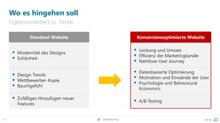 pa.ag
@peakaceag
74
Wo es hingehen soll
Ergebnisorientiert vs. Trends
Konversionsoptimierte Website
▪ Leistung und Umsatz
▪ Effizienz der Marketingkanäle
▪ Nahtlose User Journey
▪ Datenbasierte Optimierung
▪ Motivation und Einwände der User
▪ Psychologie und Behavioural
Economics
▪ A/B Testing
Standard-Website
▪ Modernität des Designs
▪ Schönheit
▪ Design Trends
▪ Wettbewerber-Kopie
▪ Bauchgefühl
▪ Zufälliges Hinzufügen neuer
Features
 
