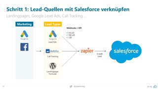 pa.ag
@peakaceag
78
Schritt 1: Lead-Quellen mit Salesforce verknüpfen
Landingpages, Google Lead Ads, Call Tracking …
Lead Types
Lead Ads
Call Tracking
Landingpage-
Formular
Erstellt
Lead
Marketing
Webhooks / API
✓ GCLID
✓ FBCLID
✓ CID
 