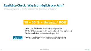 pa.ag
@peakaceag
8
Realitäts-Check: Was ist möglich pro Jahr?
Erfahrungswerte – große statistische Ausreißer möglich!
Und ja …
10 – 50 % + Umsatz / ROI?
+ 10 %: E-Commerce, etabliert und optimiert
+ 50 %: E-Commerce, nicht-etabliert und nicht-optimiert
+ 30 %: Lead Gen, etabliert und optimiert
+ 100 %: Lead Gen, nicht etabliert, nicht optimiert
 
