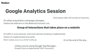 Google Analytics Session
Group of interactions that takes place on a website
That expires after 30 minutes of inactivity…
Or at the end of the day…
Or when acquisition campaign changes…
Unless the referral is in the Referral Exclusion List…
Or traffic is cross-domain, and cross-domain tracking is implemented…
Unless it’s implemented incorrectly…
Which is likely since it’s so !#/%(“% difficult…
Unless you’re using Google Tag Manager…
Except if you’ve implemented THAT incorrectly…
 
