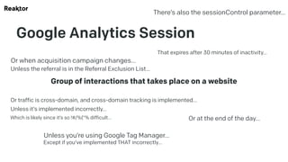 Google Analytics Session
Group of interactions that takes place on a website
That expires after 30 minutes of inactivity…
Or at the end of the day…
Or when acquisition campaign changes…
Unless the referral is in the Referral Exclusion List…
Or traffic is cross-domain, and cross-domain tracking is implemented…
Unless it’s implemented incorrectly…
Which is likely since it’s so !#/%(“% difficult…
Unless you’re using Google Tag Manager…
Except if you’ve implemented THAT incorrectly…
There’s also the sessionControl parameter…
 
