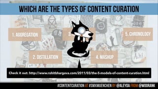 #contentcuration AT #smxmuenchen by @aleyda from @woorank
WHICH ARE THE TYPES OF CONTENT CURATION
1. AGGREGATION
2. DISTILLATION
3. ELEVATION
4. MASHUP
5. CHRONOLOGY
Check it out: http://www.rohitbhargava.com/2011/03/the-5-models-of-content-curation.html
 