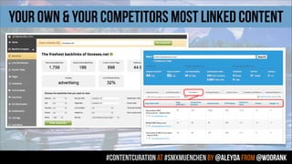 #contentcuration AT #smxmuenchen by @aleyda from @woorank
Your OWN & your COMPETITORS MOST LINKED CONTENT
 