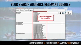 #contentcuration AT #smxmuenchen by @aleyda from @woorank
Google Suggests
on Steroids
Your SEARCH audience RELEVANT QUERIES
 