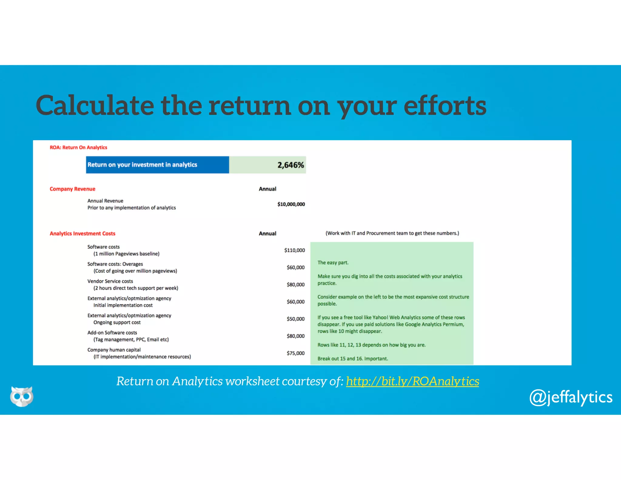 @jeffalytics
Calculate the return on your efforts
Return on Analytics worksheet courtesy of: http://bit.ly/ROAnalytics
 