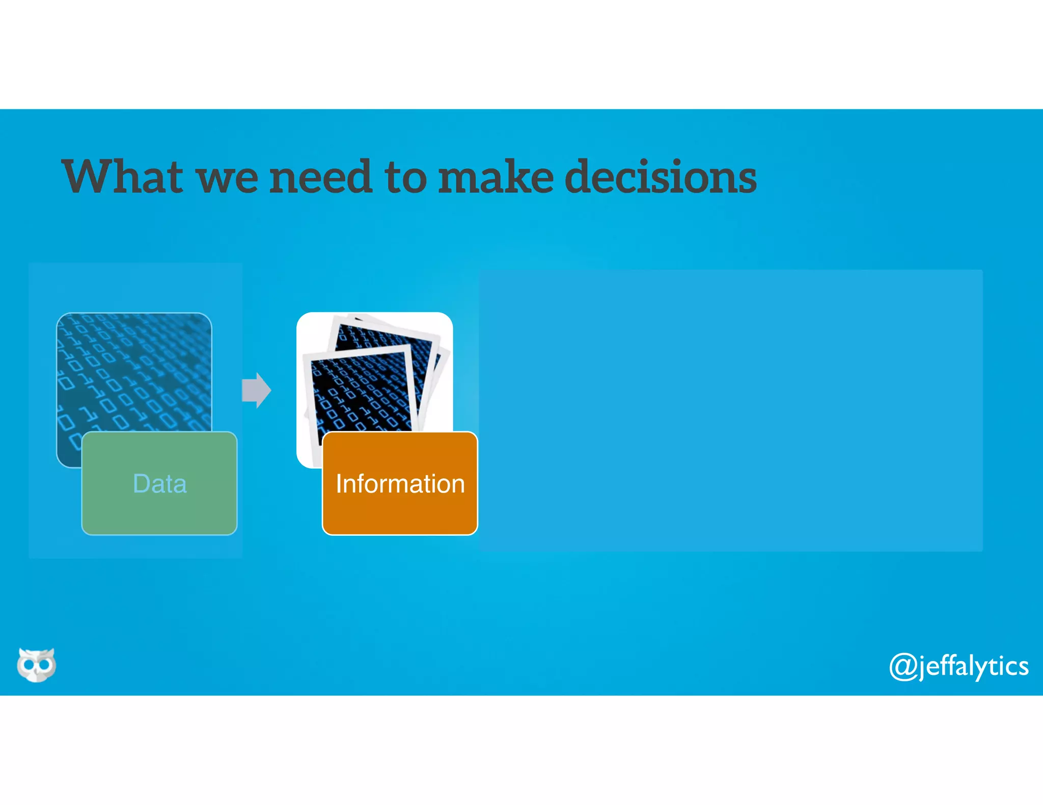 @jeffalytics
Data Information Knowledge Wisdom
What we need to make decisions
 