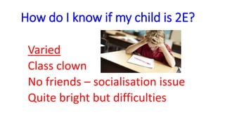 How do I know if my child is 2E?
Varied
Class clown
No friends – socialisation issue
Quite bright but difficulties
 