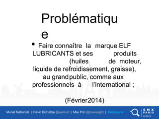 Problématiqu
e
• Faire connaître la marque ELF
LUBRICANTS et ses produits
(huiles de moteur,
liquide de refroidissement, g...