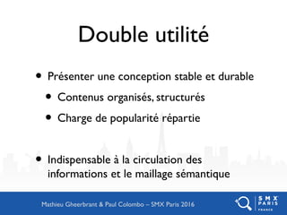 Double utilité
• Présenter une conception stable et durable
• Contenus organisés, structurés
• Charge de popularité répartie
• Indispensable à la circulation des
informations et le maillage sémantique
Mathieu Gheerbrant & Paul Colombo – SMX Paris 2016
 