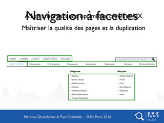 Navigation à facettesAllier arborescence optimisée, crawl et UX
Maîtriser la qualité des pages et la duplication
Mathieu Gheerbrant & Paul Colombo – SMX Paris 2016
 