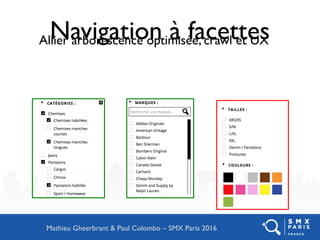 Navigation à facettesAllier arborescence optimisée, crawl et UX
Mathieu Gheerbrant & Paul Colombo – SMX Paris 2016
 