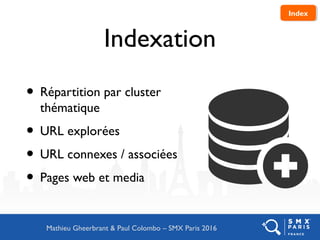 Indexation
• Répartition par cluster
thématique
• URL explorées
• URL connexes / associées
• Pages web et media
IndexIndex
Mathieu Gheerbrant & Paul Colombo – SMX Paris 2016
 