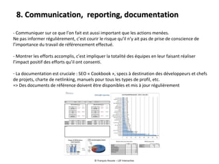 8. Communication,  reporting, documentation - Communiquer sur ce que l’on fait est aussi important que les actions menées. Ne pas informer régulièrement, c’est courir le risque qu’il n’y ait pas de prise de conscience de l’importance du travail de référencement effectué. - Montrer les efforts accomplis, c’est impliquer la totalité des équipes en leur faisant réaliser l’impact positif des efforts qu’il ont consenti. La documentation est cruciale : SEO « Cookbook », specs à destination des développeurs et chefs de projets, charte de netlinking, manuels pour tous les types de profil, etc. => Des documents de référence doivent être disponibles et mis à jour régulièrement © François Houste – LSF Interactive 
