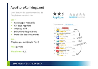 SMX PARIS – 6 ET 7 JUIN 2013
Au Final…
En web, le SEO peut marcher tout seul comme levier de trafic.
En mobile, le search ...