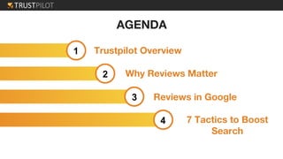 AGENDA
1
2
3
4
Trustpilot Overview
Why Reviews Matter
Reviews in Google
7 Tactics to Boost
Search
 