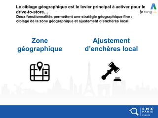 Deux fonctionnalités permettent une stratégie géographique fine :
ciblage de la zone géographique et ajustement d’enchères local
Le ciblage géographique est le levier principal à activer pour le
drive-to-store…
Zone
géographique
Ajustement
d’enchères local
 