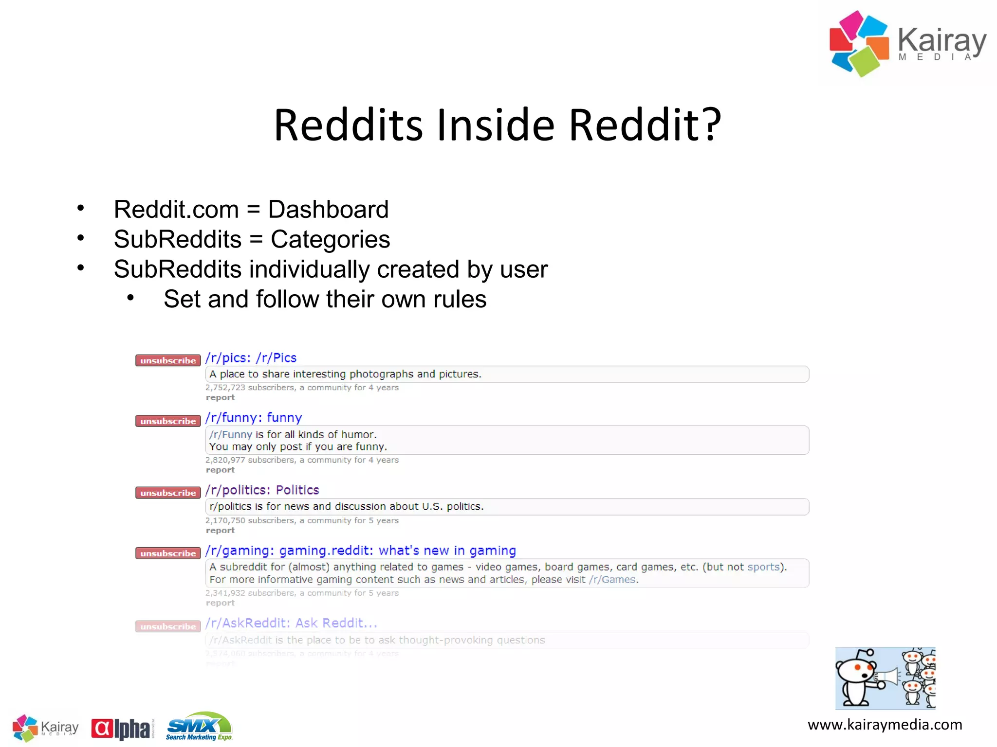 Reddits Inside Reddit?
•   Reddit.com = Dashboard
•   SubReddits = Categories
•   SubReddits individually created by user
     • Set and follow their own rules




                                              www.kairaymedia.com
 