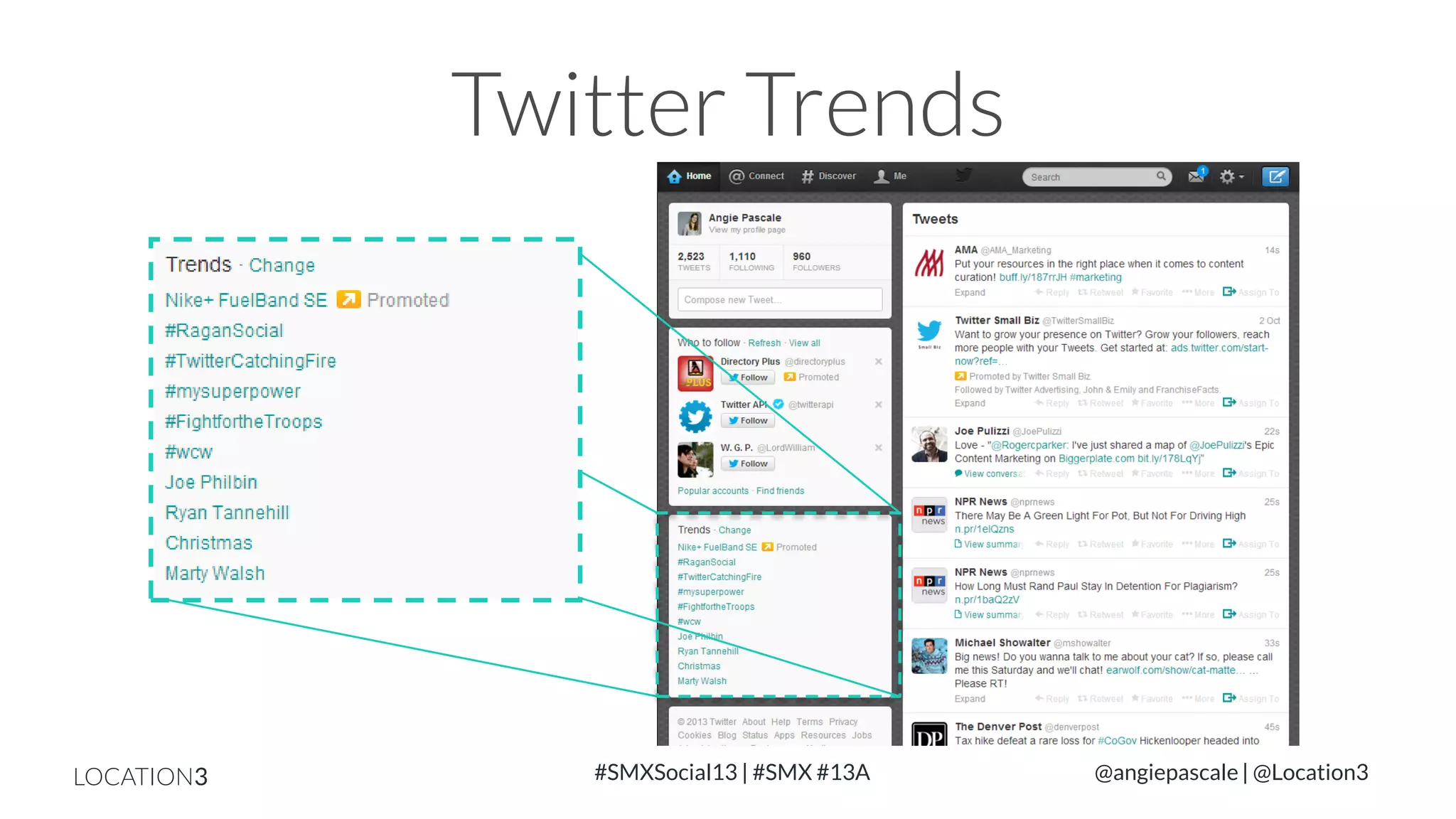 Twitter Trends

LOCATION3

#SMXSocial13 | #SMX #13A

@angiepascale | @Location3

 