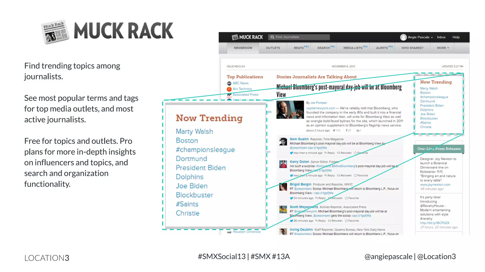 Find trending topics among
journalists.
See most popular terms and tags
for top media outlets, and most
active journalists.

Free for topics and outlets. Pro
plans for more in-depth insights
on influencers and topics, and
search and organization
functionality.

LOCATION3

#SMXSocial13 | #SMX #13A

@angiepascale | @Location3

 