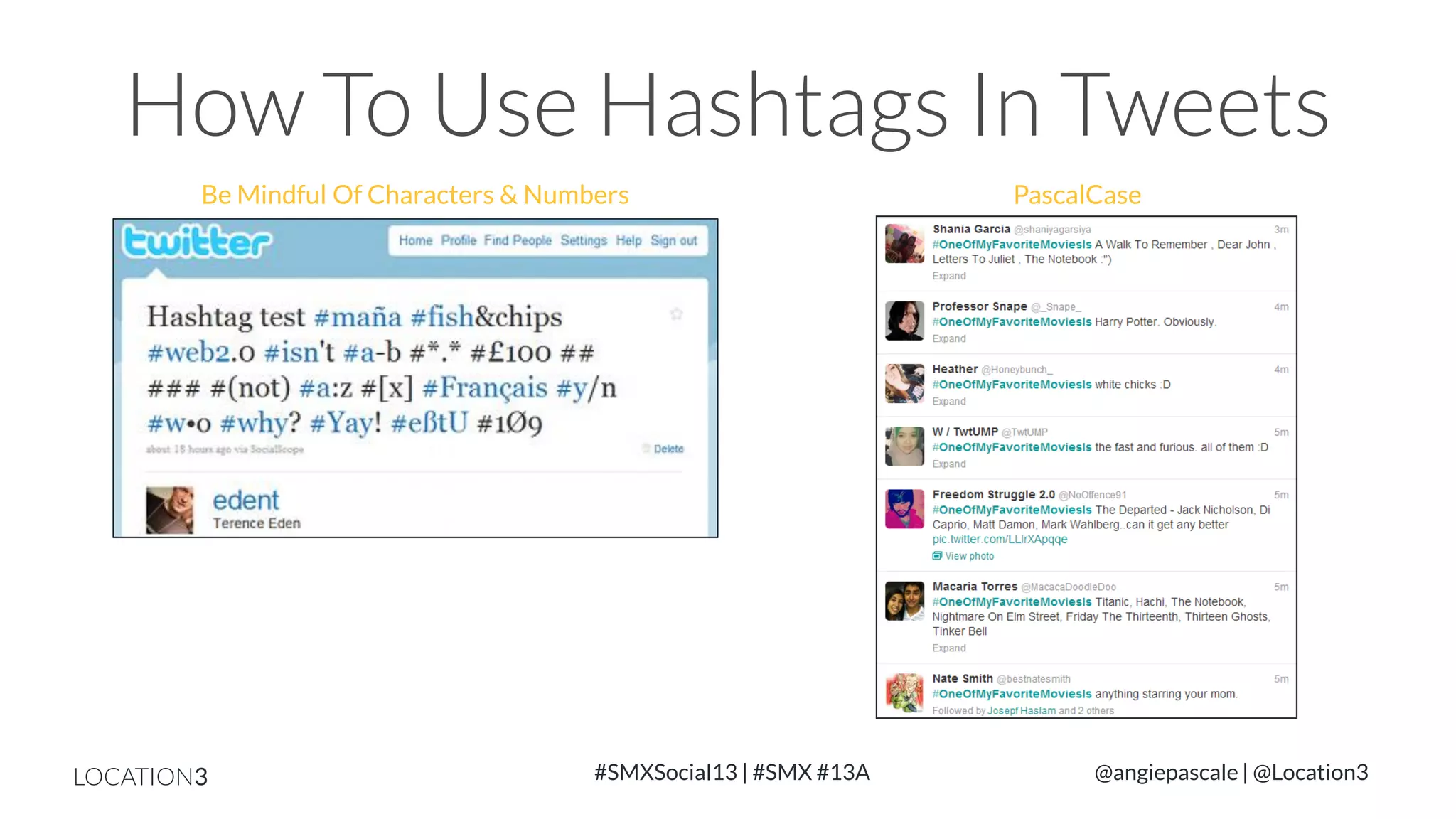 How To Use Hashtags In Tweets
Be Mindful Of Characters & Numbers

LOCATION3

#SMXSocial13 | #SMX #13A

PascalCase

@angiepascale | @Location3

 