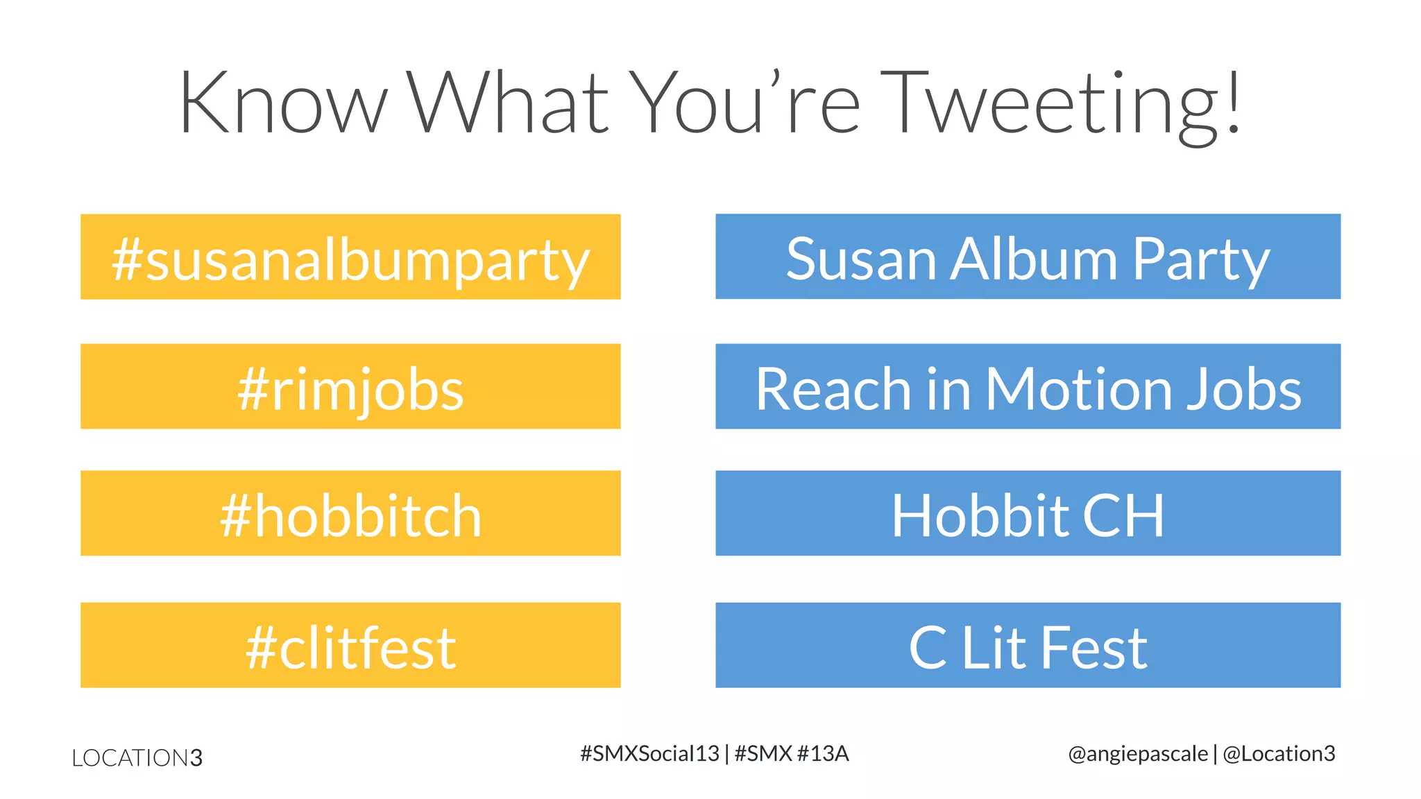 Know What You’re Tweeting!
#susanalbumparty

Susan Album Party

#rimjobs

Reach in Motion Jobs

#hobbitch

Hobbit CH

#clitfest

C Lit Fest

LOCATION3

#SMXSocial13 | #SMX #13A

@angiepascale | @Location3

 
