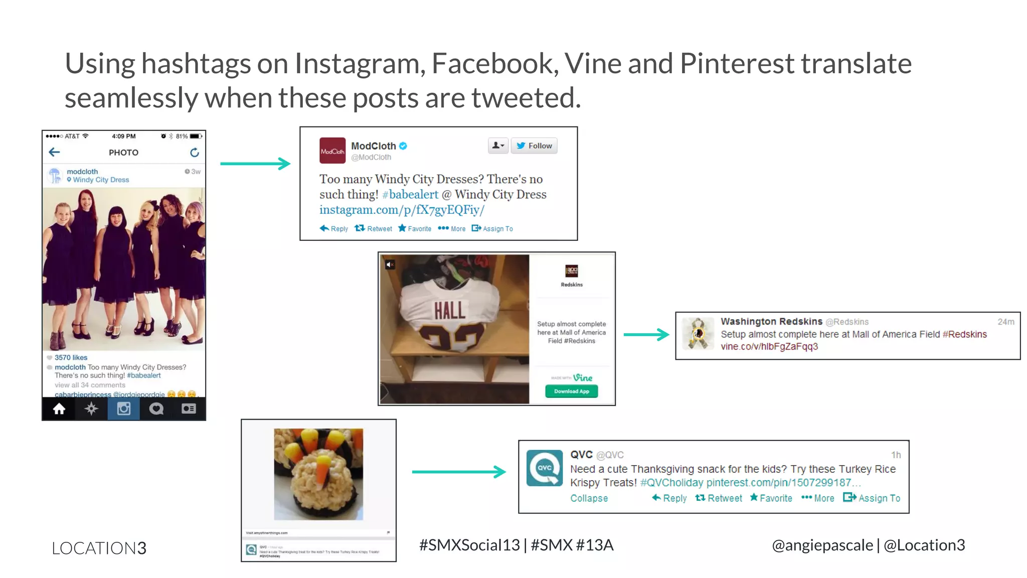 Using hashtags on Instagram, Facebook, Vine and Pinterest translate
seamlessly when these posts are tweeted.

LOCATION3

#SMXSocial13 | #SMX #13A

@angiepascale | @Location3

 
