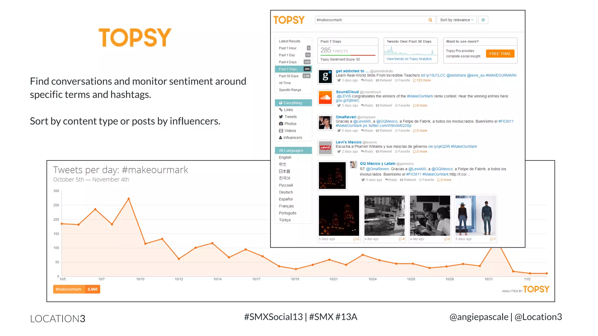 Find conversations and monitor sentiment around
specific terms and hashtags.
Sort by content type or posts by influencers.

LOCATION3

#SMXSocial13 | #SMX #13A

@angiepascale | @Location3

 